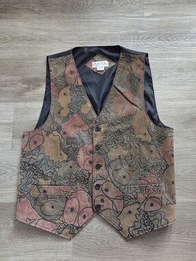 Vintage Plateau Vest Abstract Print Brown Artsy Button Front Men’s Size L